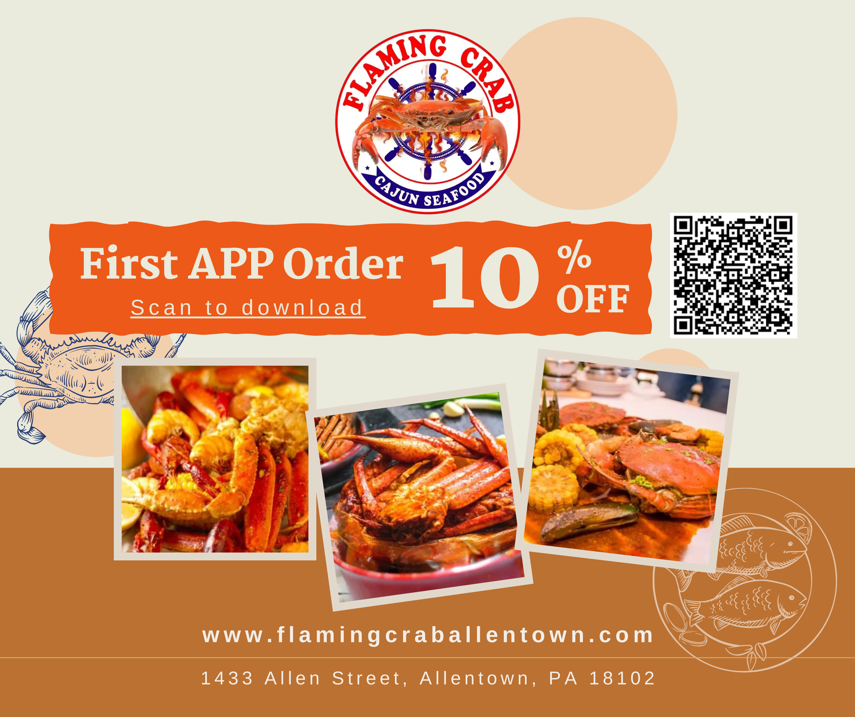 Flaming Crab Cajun Seafood promo graphic offering 10% off first app order, includes restaurant logo, QR download code, three cajun seafood dish photos, website URL and physical address at 1433 Allen Street, Allentown, PA 18102.