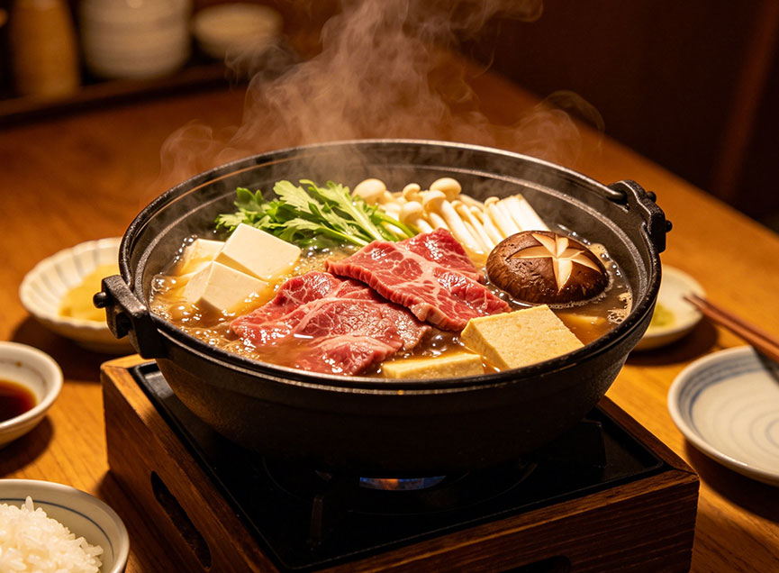 Japanese sukiyaki hot pot with marbled beef, tofu, enoki mushrooms, and shungiku greens in a simmering broth