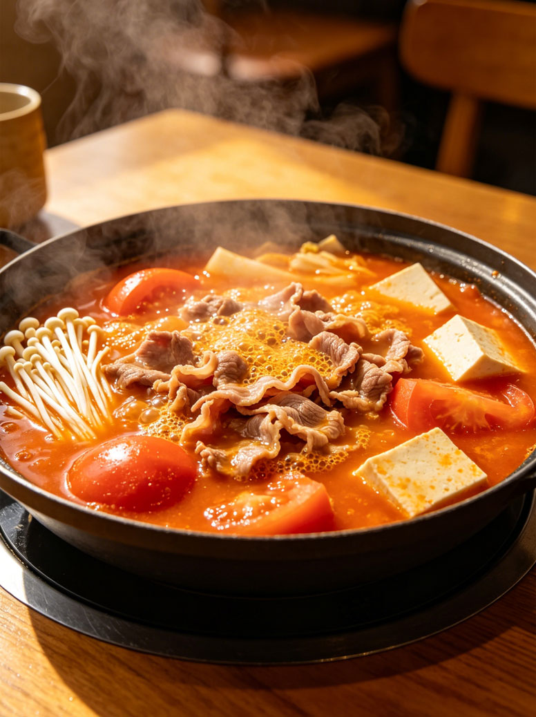 Steaming hot tomato beef hot pot with enoki mushrooms, tofu, and tomato chunks in a rich red broth