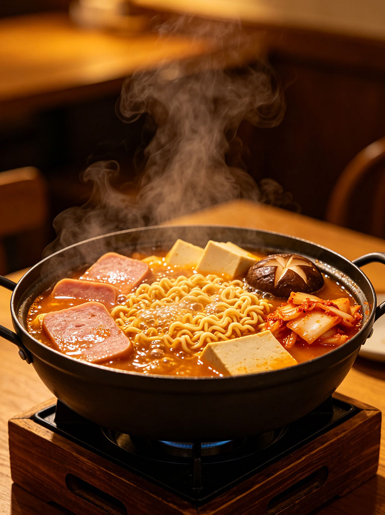 Spicy Korean army stew with ramen noodles, spam, tofu, kimchi, and mushrooms, bubbling hot