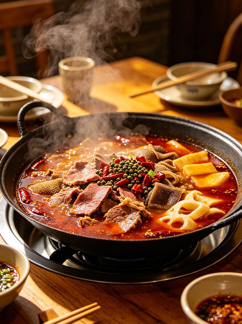 Sichuan ma la xue wang (spicy blood curd stew) with beef tripe, lotus root, beef slices, green peppercorns, and chili peppers