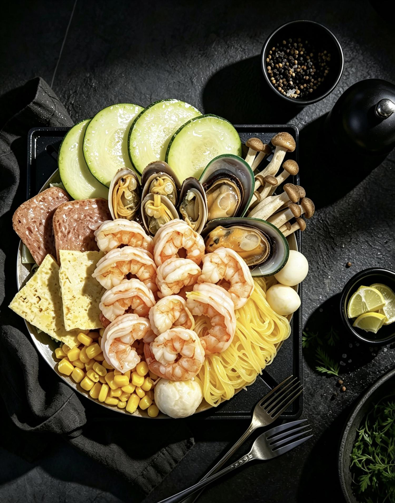 Seafood hot pot platter with shrimp and mussels at Flavor Joy, an Asian Spicy Hot Pot Restaurant in Richland