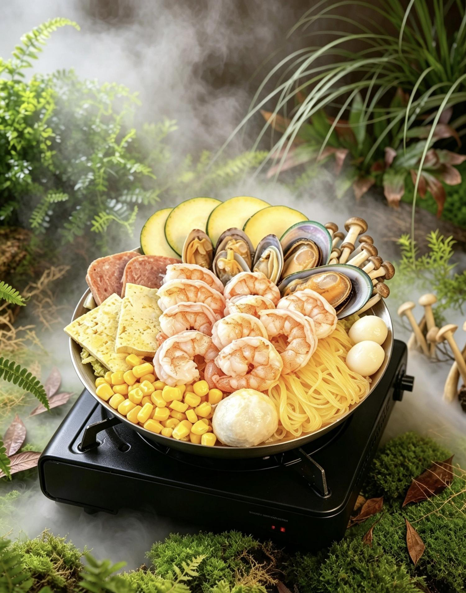Steaming seafood hot pot with lush greenery at Flavor Joy, an Asian Spicy Hot Pot Restaurant in Richland