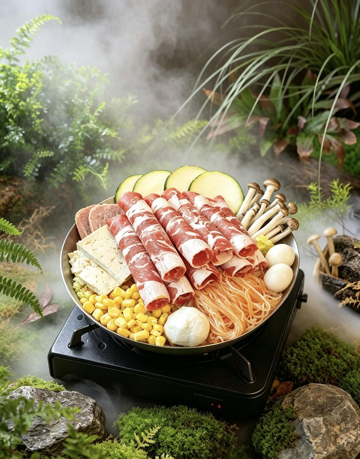 Beef hot pot platter with forest background at Flavor Joy, an Asian Spicy Hot Pot Restaurant in Richland