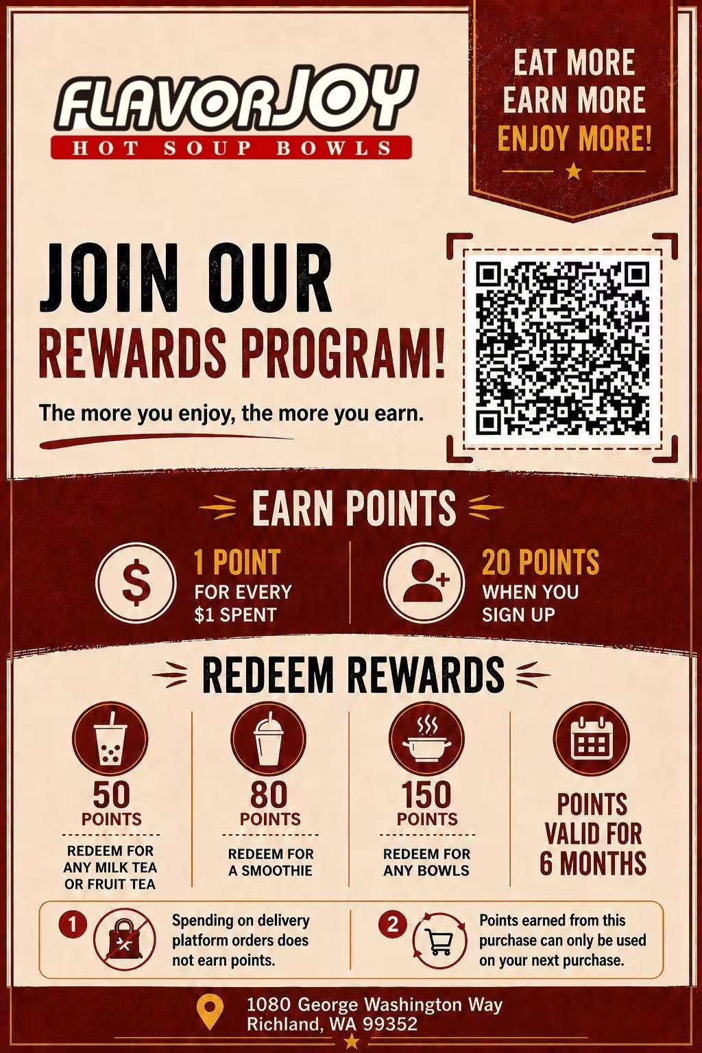 Rewards program promotion showing earn 1 point per $1 spent, 20 points for sign-up, and redeem 50 points for any milk tea or fruit tea, 80 points for a smoothie, 150 points for any bowls. Valid for 6 months. Store address: 1080 George Washington Way, Richland, WA 99352.