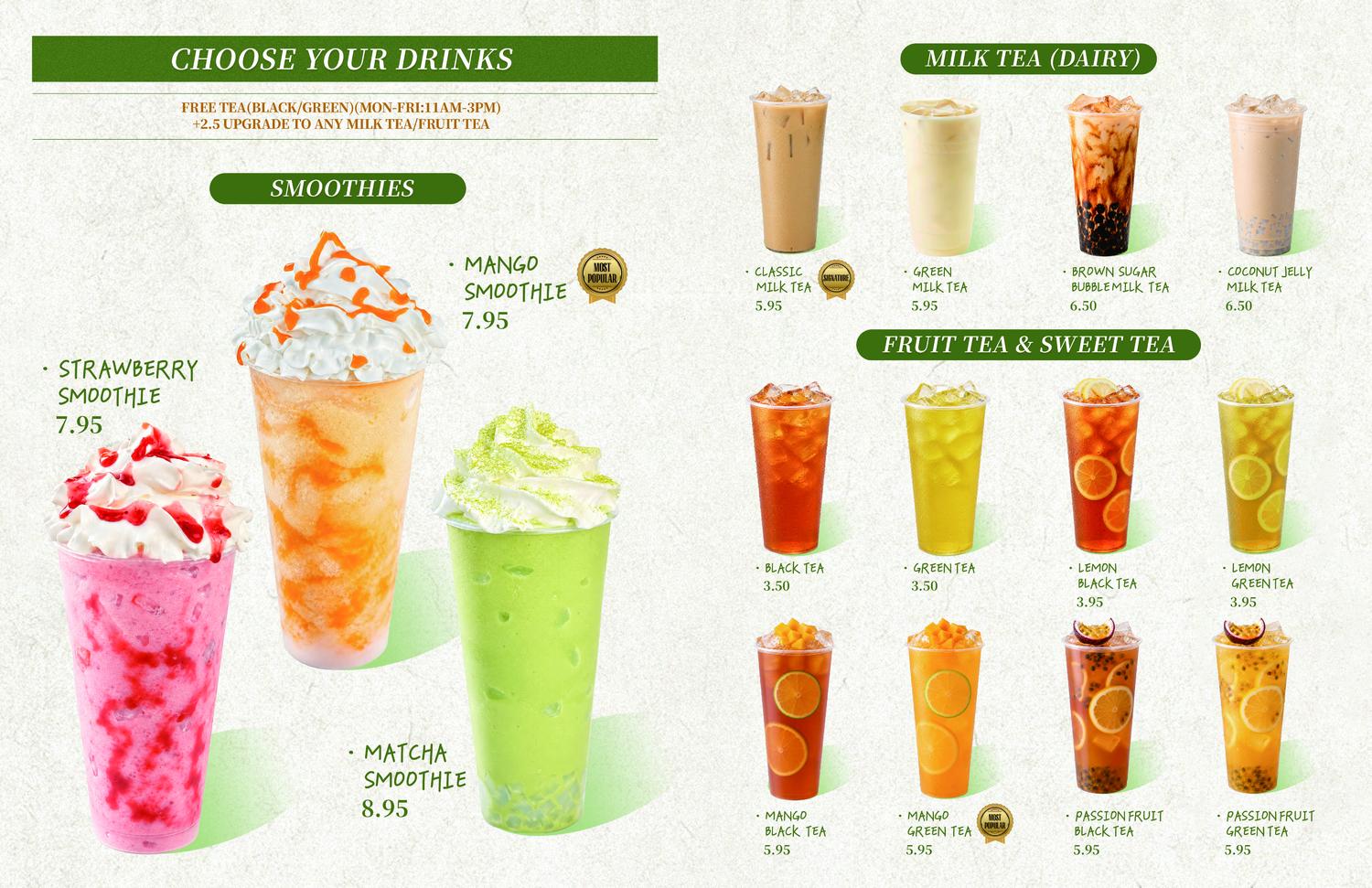 Printed beverage menu featuring smoothies, milk tea and fruit tea with listed pricing and weekday free tea promo at an Asian Spicy Hot Pot Restaurant in Richland