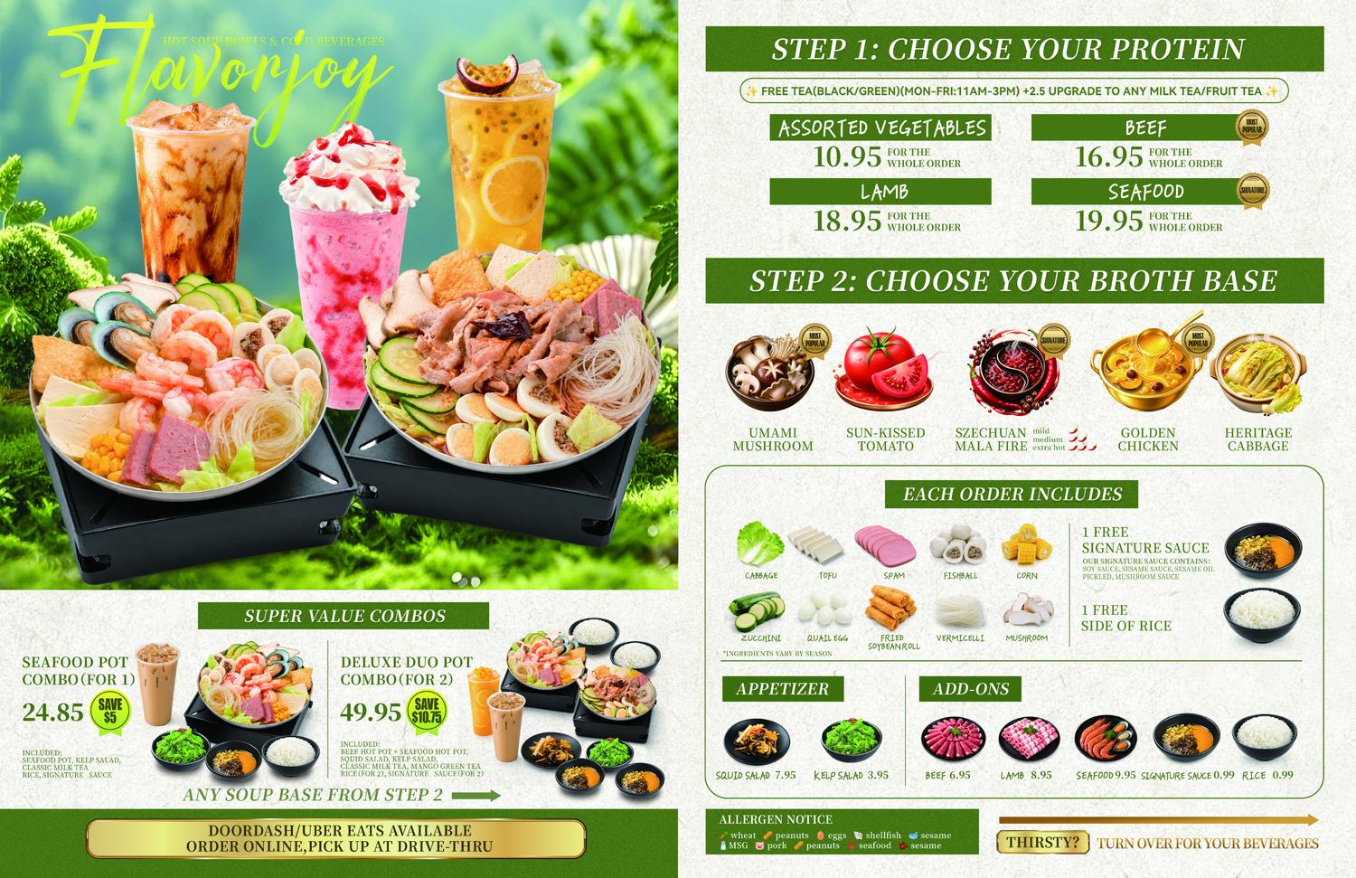 Hot pot combo menu showing protein choices, broth options, combo pricing and matching specialty drink photos at an Asian Spicy Hot Pot Restaurant in Richland Hot pot combo menu showing protein choices, broth options, combo pricing and matching specialty drink photos at an Asian Spicy Hot Pot Restaurant in Richland