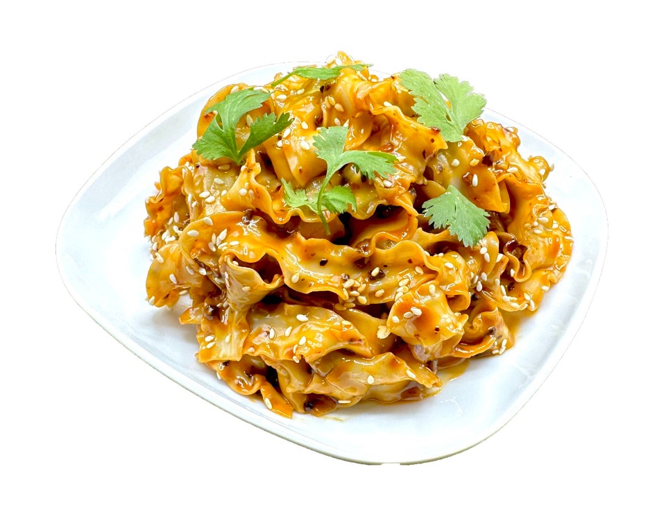 Sesame sauce mixed noodles with cilantro at Fok Noodles Express, an Asian Restaurant in New York.