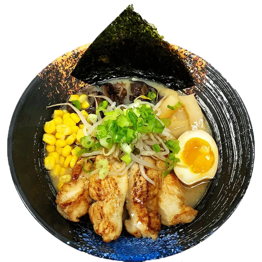Foody-Bowl-Restaurant-Japanese-Restaurant-Chicken-Tonkotsu-Ramen-Ocala Tonkotsu ramen with chicken, egg, corn, and seaweed at Foody Bowl Restaurant, a Japanese Restaurant in Ocala