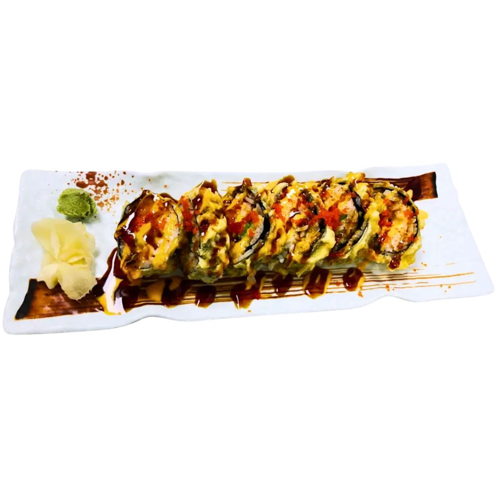 Foody-Bowl-Restaurant-Japanese-Restaurant-Crispy-Sushi-Roll-Ocala Crispy sushi roll with sauces, wasabi, and ginger at Foody Bowl Restaurant, a Japanese Restaurant in Ocala