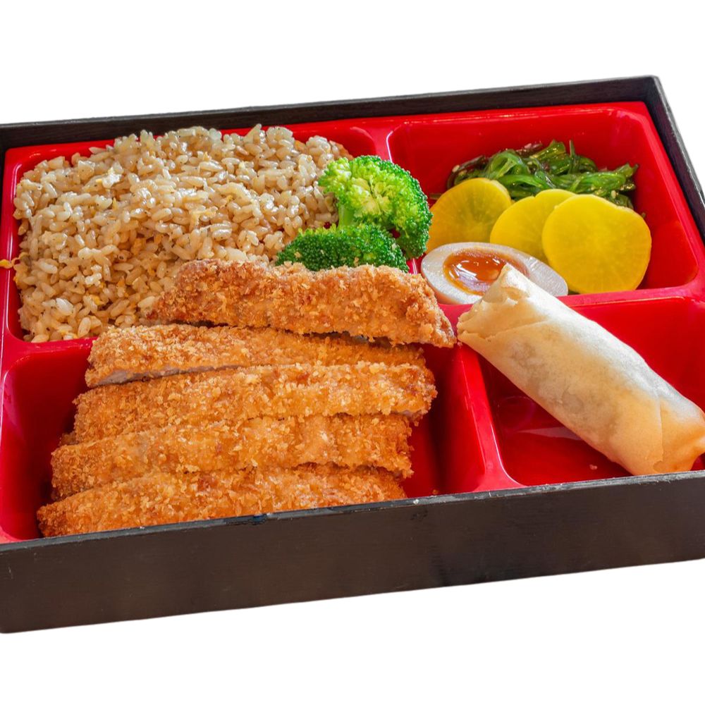 Foody-Bowl-Restaurant-Japanese-Restaurant-Pork-Cutlet-Bento-Ocala Bento with pork cutlet, brown rice, veggies, egg, and spring roll at Foody Bowl Restaurant, a Japanese Restaurant in Ocala