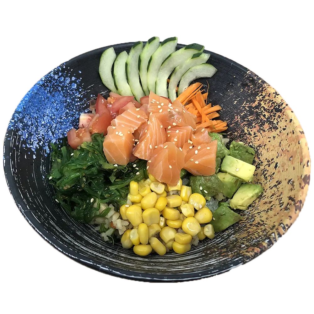 Foody-Bowl-Restaurant-Japanese-Restaurant-Salmon-Poke-Bowl-Ocala Poke bowl with salmon, veggies, corn, and sesame at Foody Bowl Restaurant, a Japanese Restaurant in Ocala