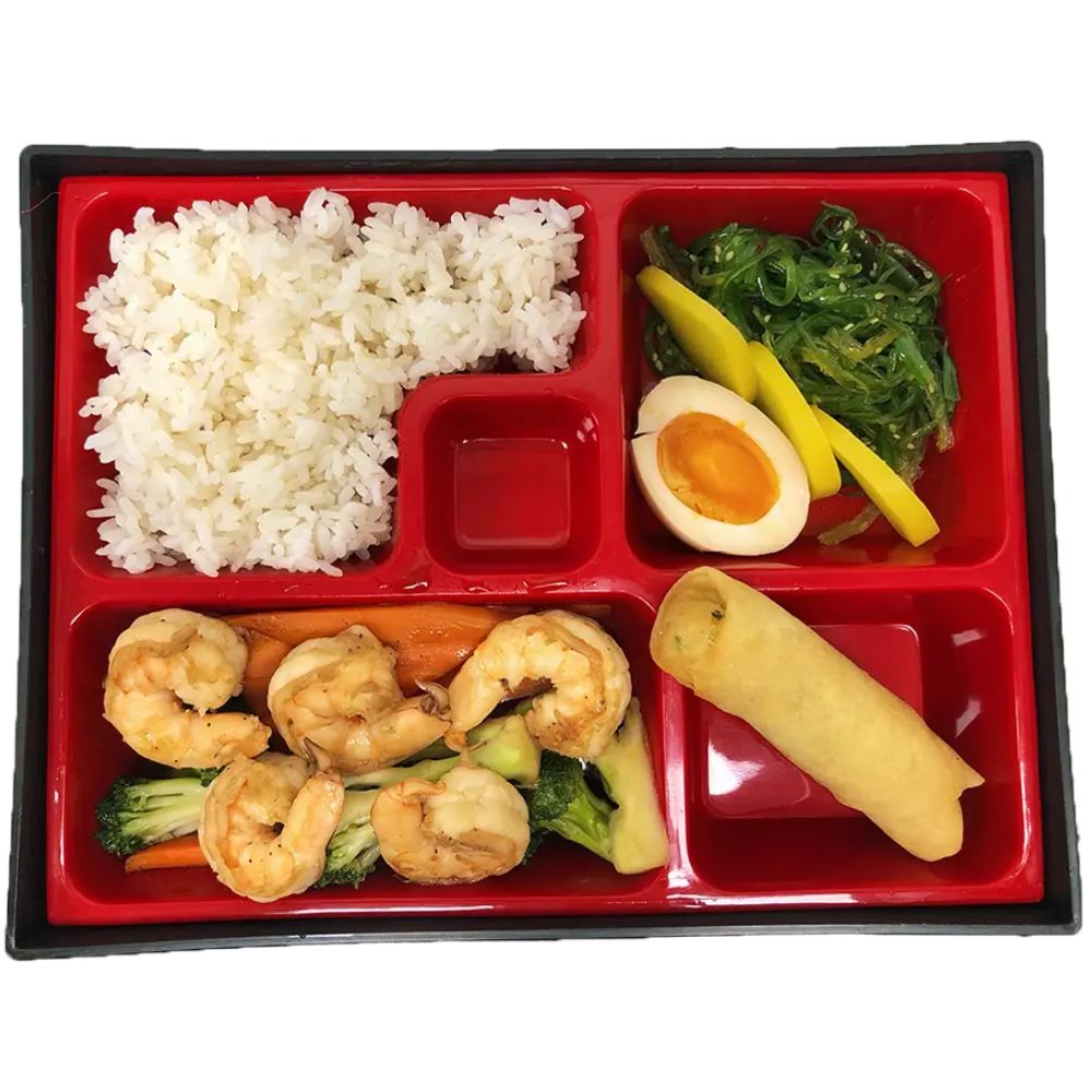 Foody-Bowl-Restaurant-Japanese-Restaurant-Shrimp-Teriyaki-Bento-Ocala Bento with teriyaki shrimp, rice, egg, and spring roll at Foody Bowl Restaurant, a Japanese Restaurant in Ocala