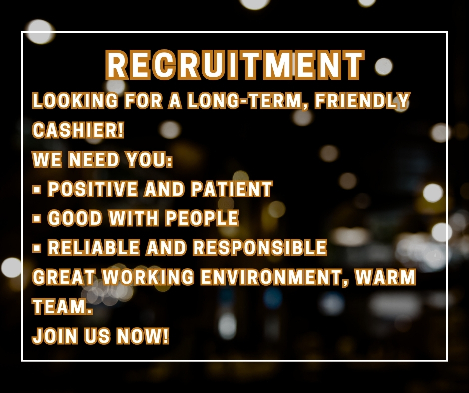 Recruitment poster for cashier position highlighting positive attitude, people skills, and reliability in warm team environment.