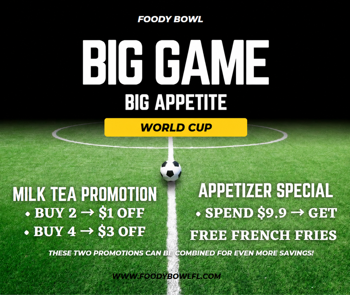 World Cup promo poster for Foody Bowl restaurant showing soccer field background with 