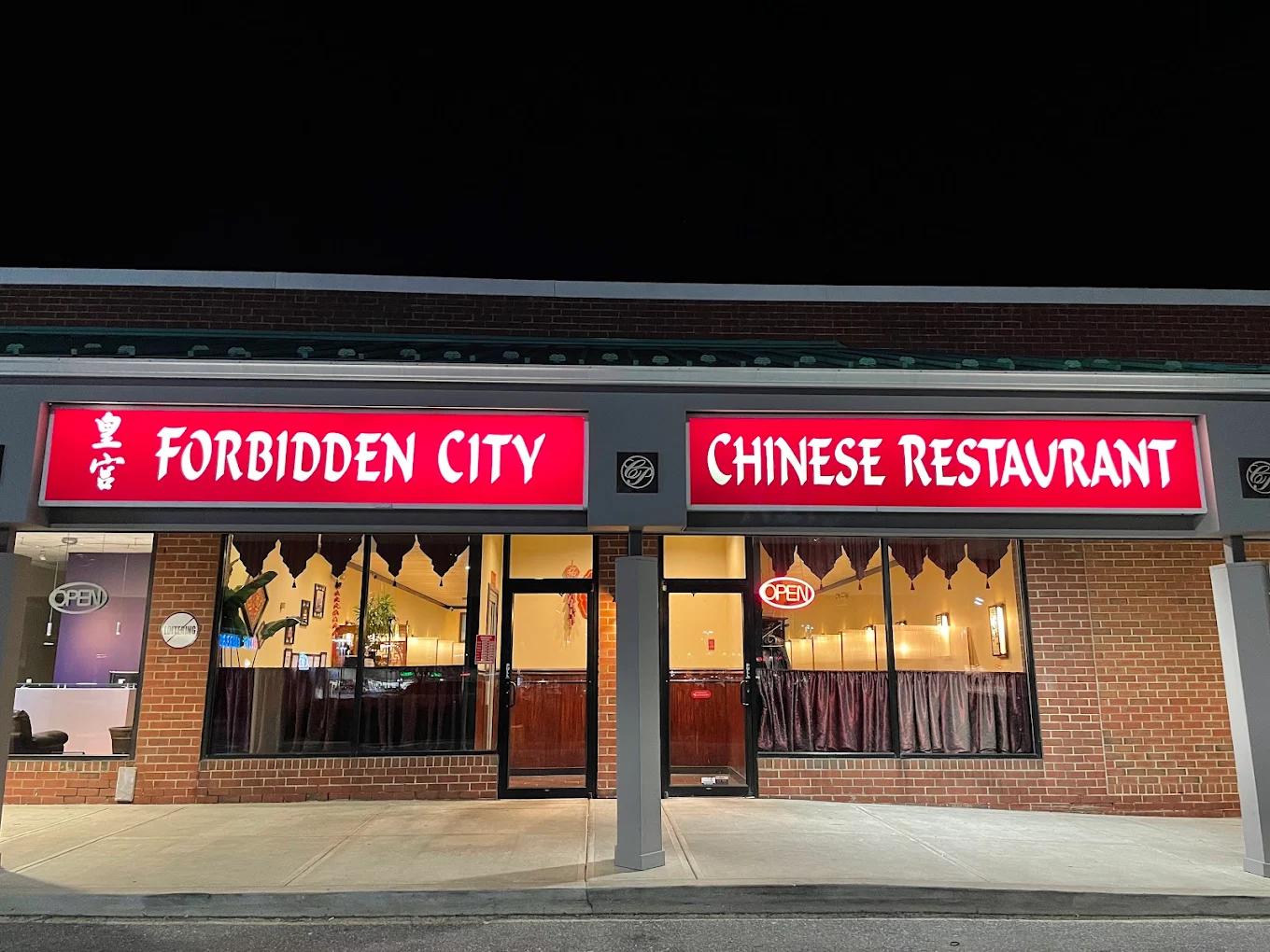 Classic red-sign exterior of Forbidden City Chinese Restaurant in Westminster