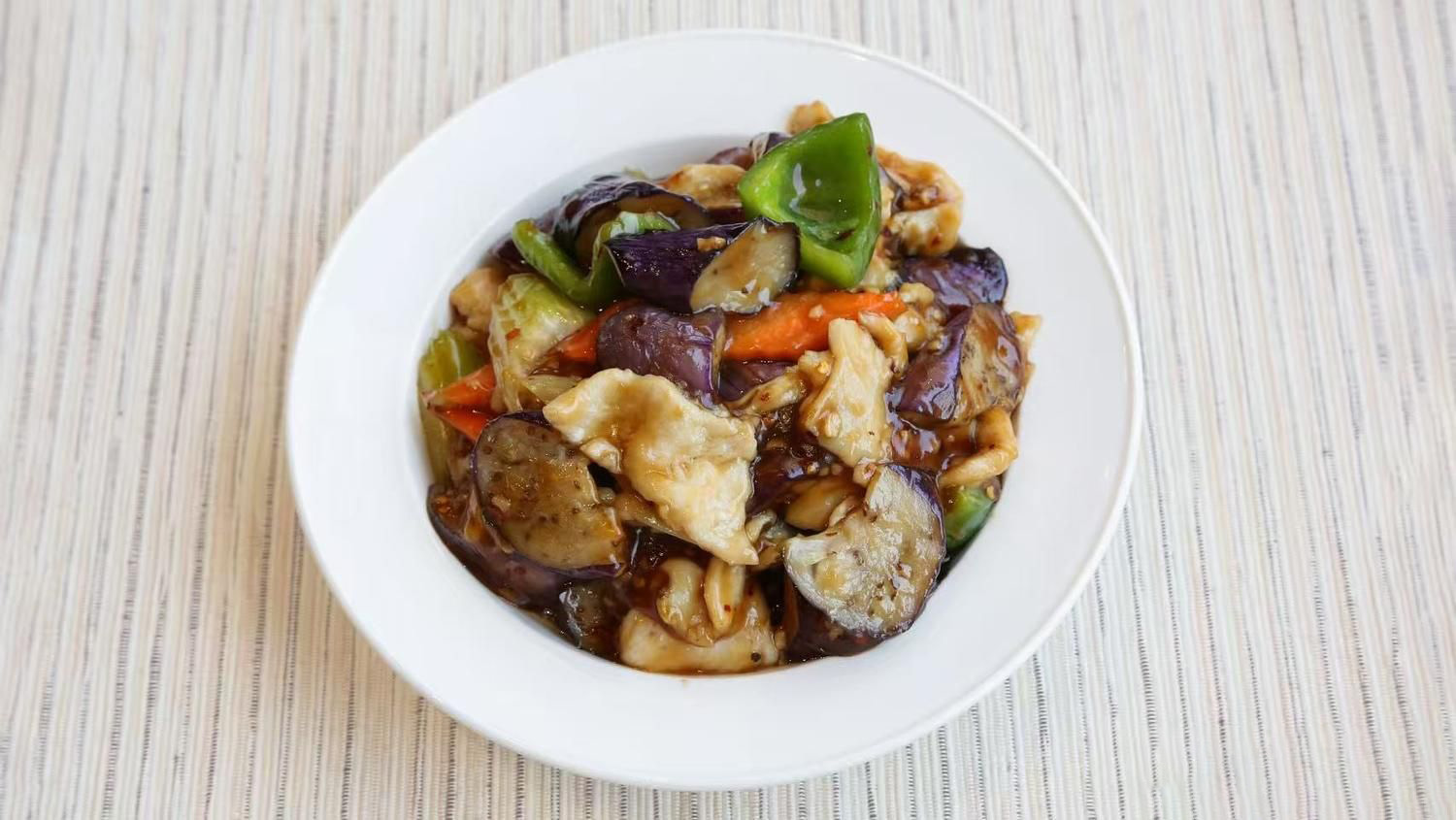 Eggplant Stir-fry with Meat at Fortune Cookie, a Kosher Chinese Restaurant in Oakhurst