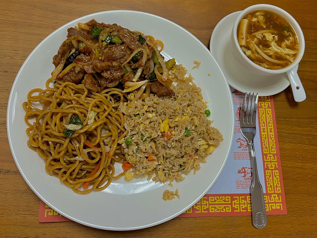 Fortune-Garden-Chinese-restaurant-Noodles-Rice-Mixed-Plate-Soledad Noodles, fried rice and beef stir - fry, with a side soup at Fortune Garden, a Chinese restaurant in Soledad