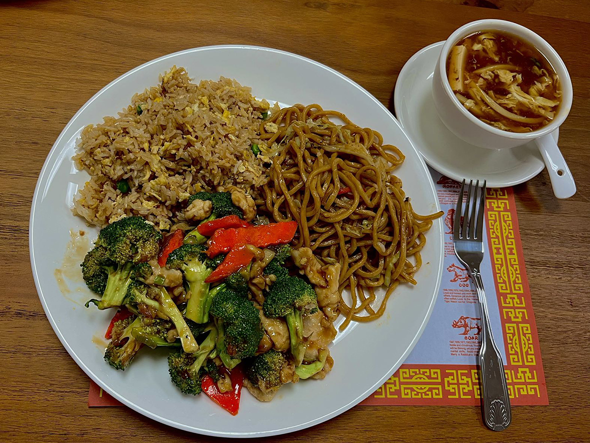 Fortune-Garden-Chinese-restaurant-Noodles-Rice-Vegetable-Plate-Soledad Noodles, fried rice and chicken - broccoli stir - fry, with a side soup at Fortune Garden, a Chinese restaurant in Soledad