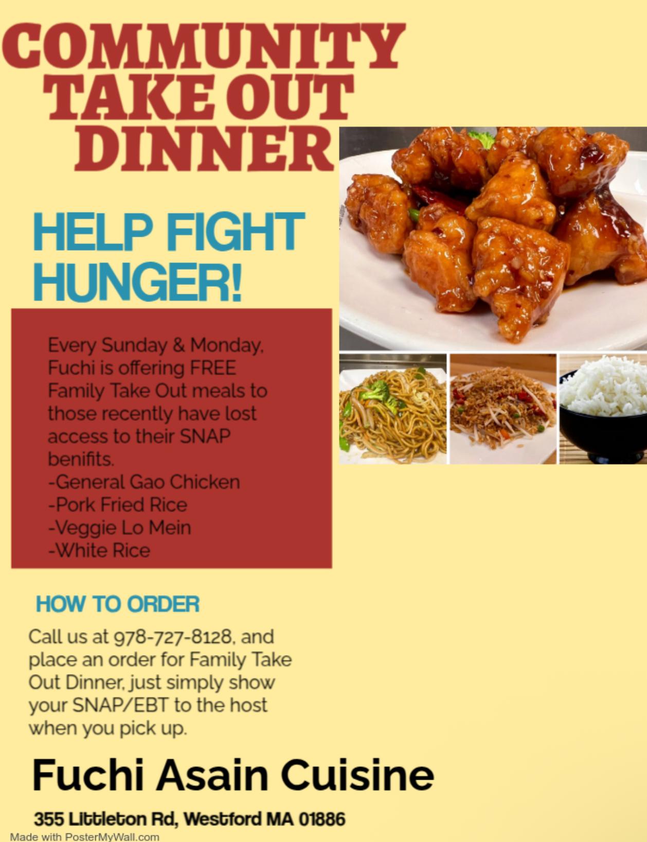 Community takeout dinner promo: Fuchi Asian Cuisine offers free meals (General Gao Chicken, fried rice, etc.) to those with lost SNAP benefits, with ordering details.