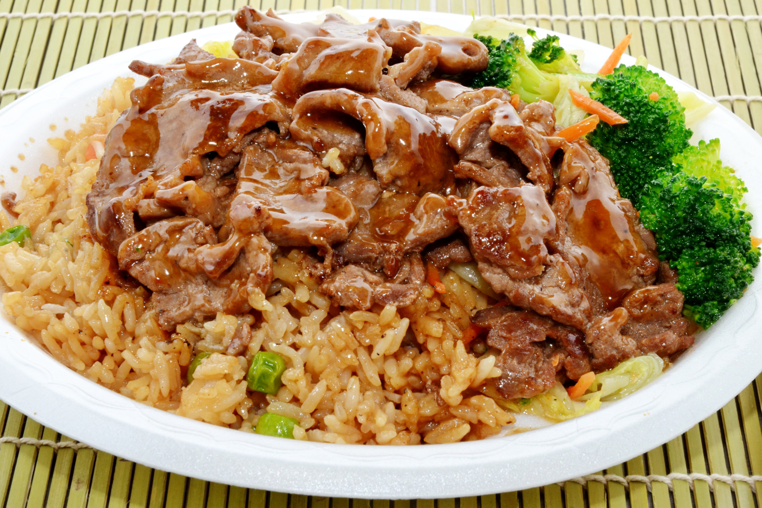 Teriyaki beef over fried rice with broccoli, carrot and cabbage at Fuji Asian Cuisine, an Asian Restaurant in Sylacauga
