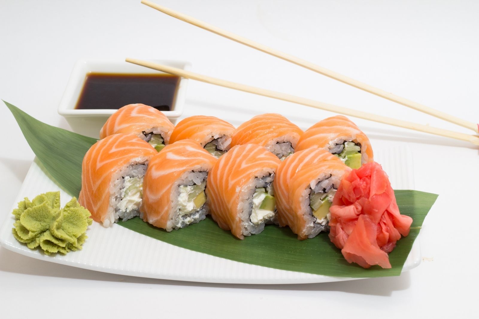 Salmon cream cheese sushi roll served with ginger, wasabi and soy sauce at Fuji Asian Cuisine, an Asian Restaurant in Sylacauga