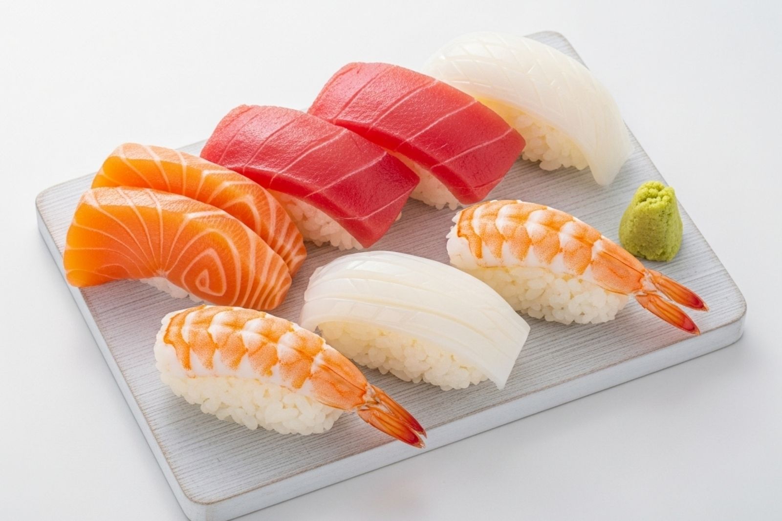 Assorted nigiri sushi platter with salmon, tuna, squid and shrimp at Fuji Asian Cuisine, an Asian Restaurant in Sylacauga