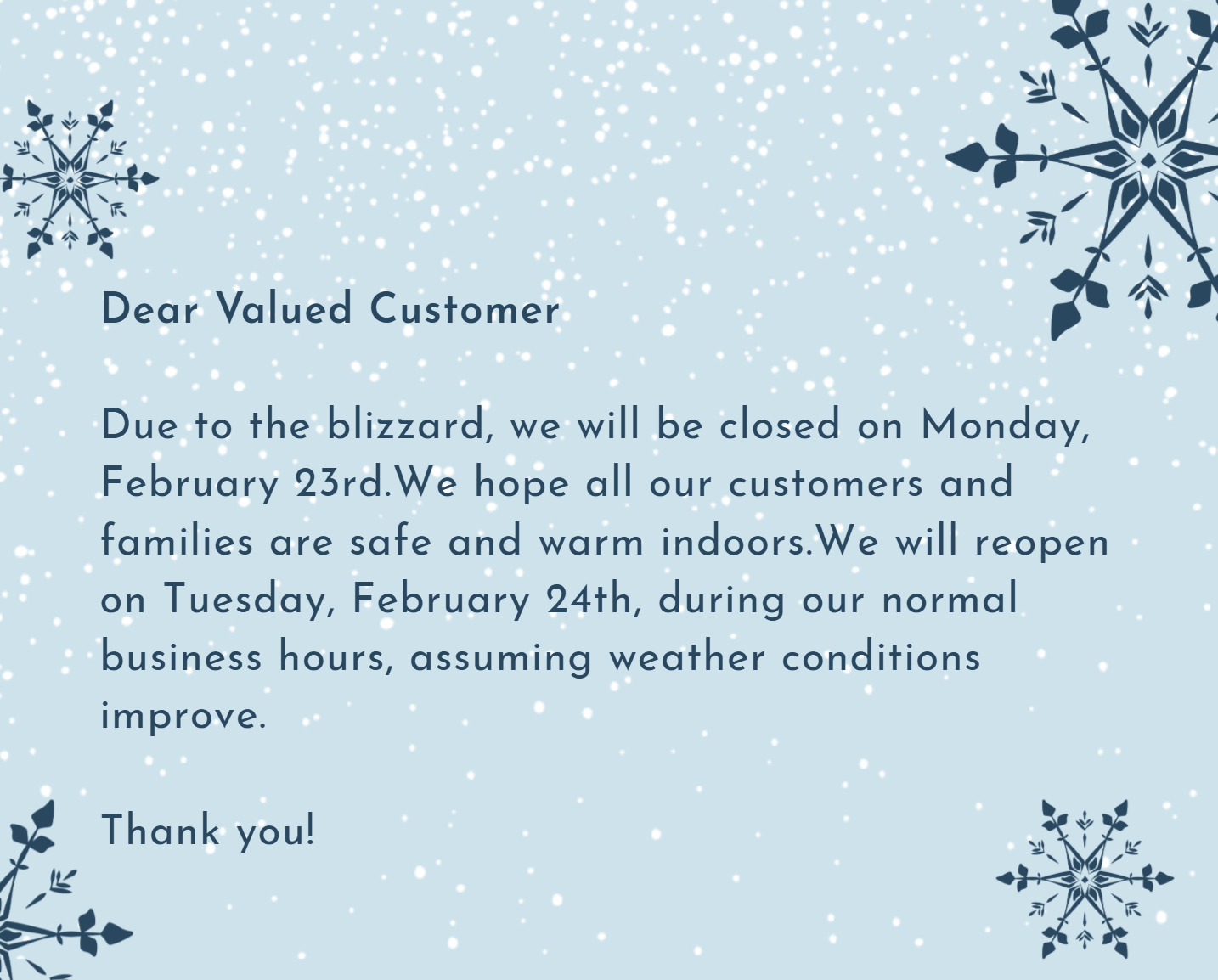 Closure notice for Fuji72 Steakhouse: Closed on Monday February 23rd due to blizzard, reopening Tuesday February 24th if weather improves, wishing customers safety and warmth.