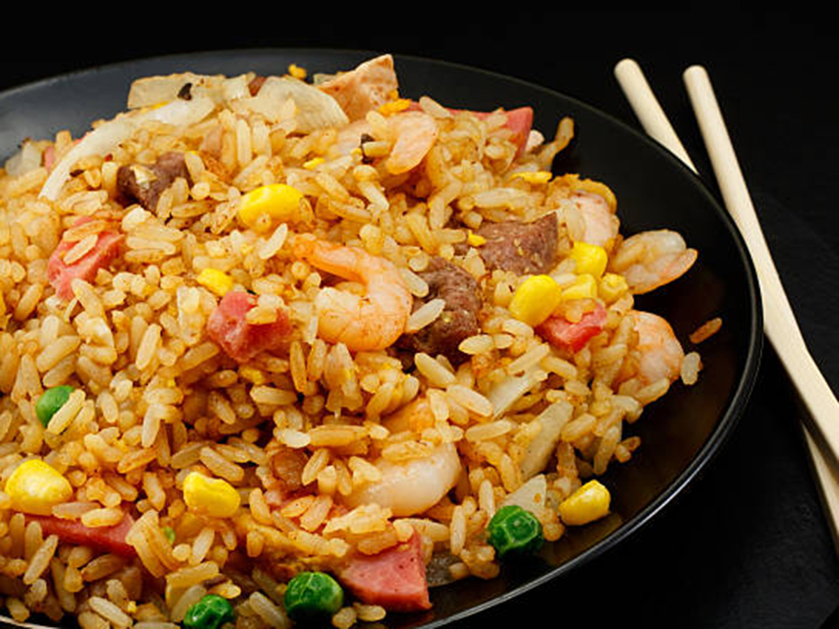 Fuji-Asian-Bistro-Asian-Fusion-Restaurant-Hibachi-Fried-Rice-Wayne Fried rice with shrimp, meat, corn and peas at Fuji Asian Bistro, a Asian Fusion Restaurant in Wayne