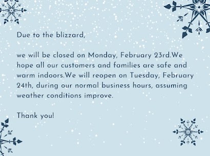 Due to heavy snowfall, our office will be closed tomorrow for team safety. We'll be back on Tuesday. Stay safe, and thanks for understanding!