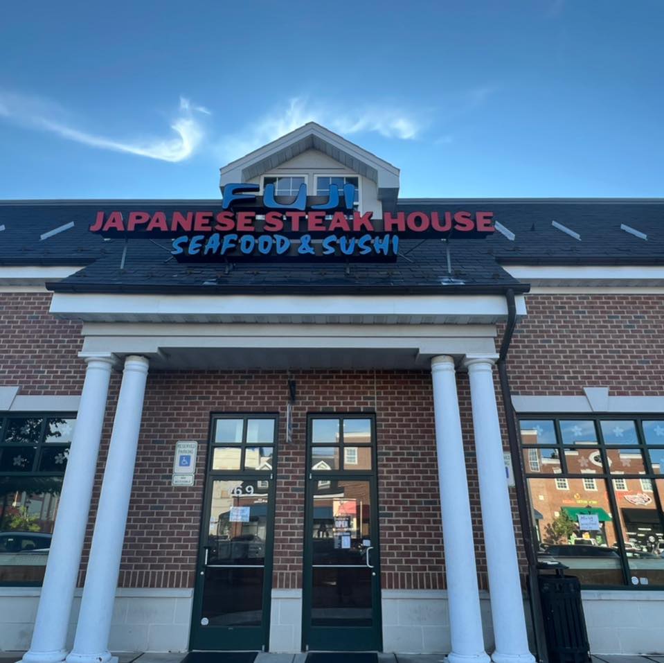 Fuji-Hibachi-&-Sushi-Steakhouse-Japanese-Restaurant-Exterior-Edgewater Exterior - Brick - built facade with prominent signage for "Japanese Steak House Seafood & Sushi" at Fuji Hibachi & Sushi Steakhouse, a Japanese restaurant in Edgewater