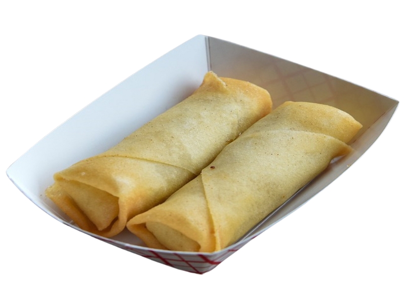 Two crispy egg rolls served in a paper container at Fuji & Sushi Steak House, a Japanese Restaurant in Janesville