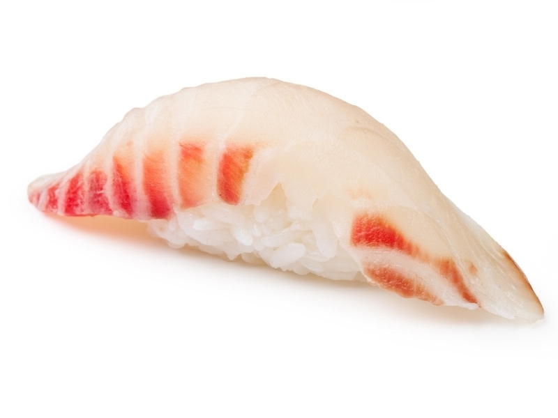 Hamachi nigiri with a slice of fresh hamachi on seasoned rice at Fuji & Sushi Steak House, a Japanese Restaurant in Janesville