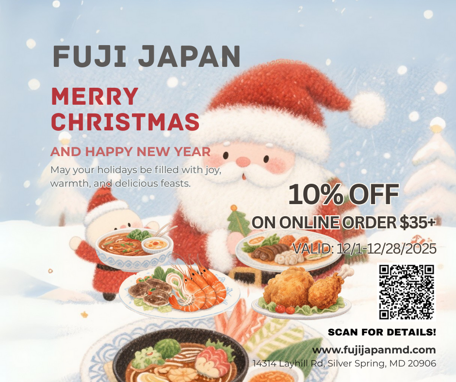 Festive Fuji Japan poster with cartoon Santa promoting 10% off online orders $35+ from 12/1–12/28/2025.
