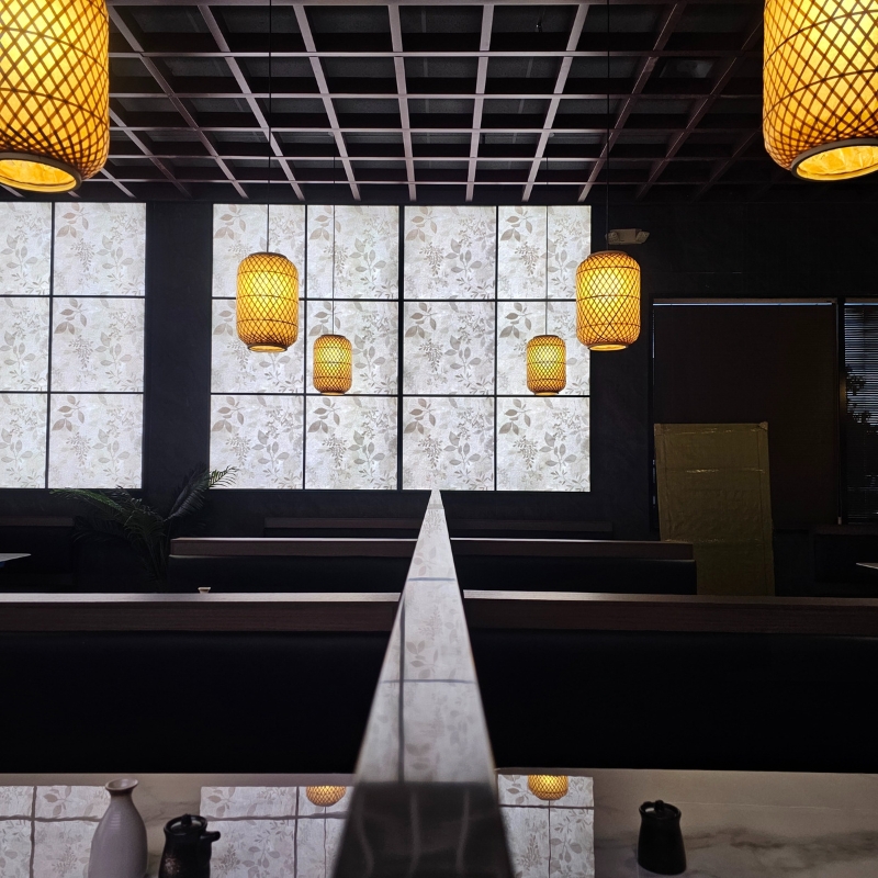 The restaurant's dining area with lanterns at Fujisan, a Japanized Western Restaurant in Chandler