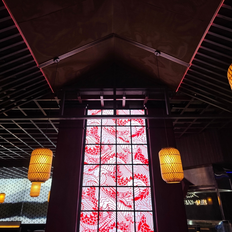 A window with red wave patterns at Fujisan, a Japanized Western Restaurant in Chandler