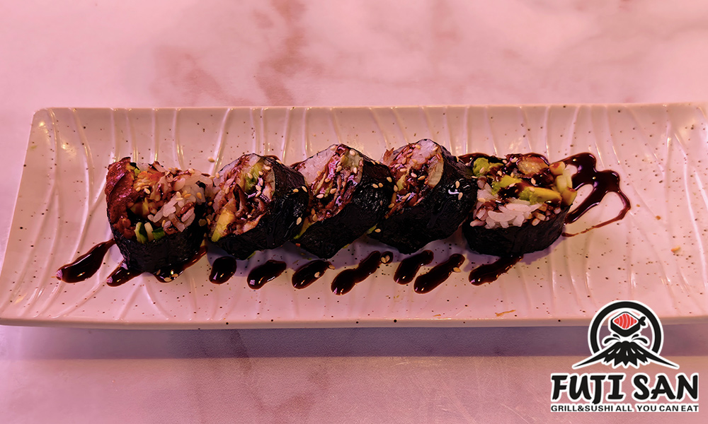 Eel roll with unagi sauce and toppings at Watami, a Japanized Western Restaurant in Chandler