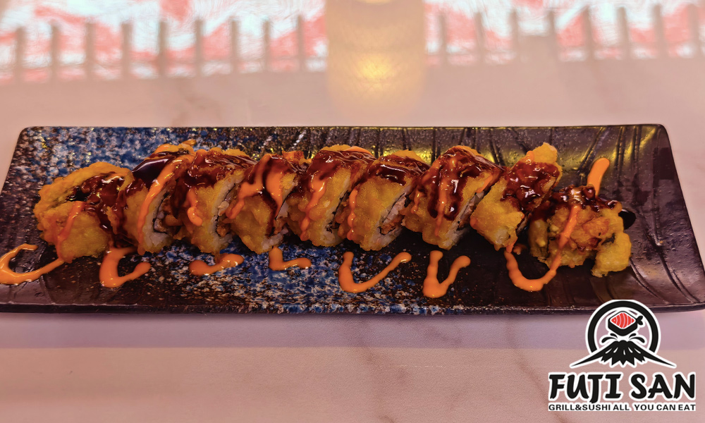 Golden spicy tuna roll with sauces at Watami, a Japanized Western Restaurant in Chandler