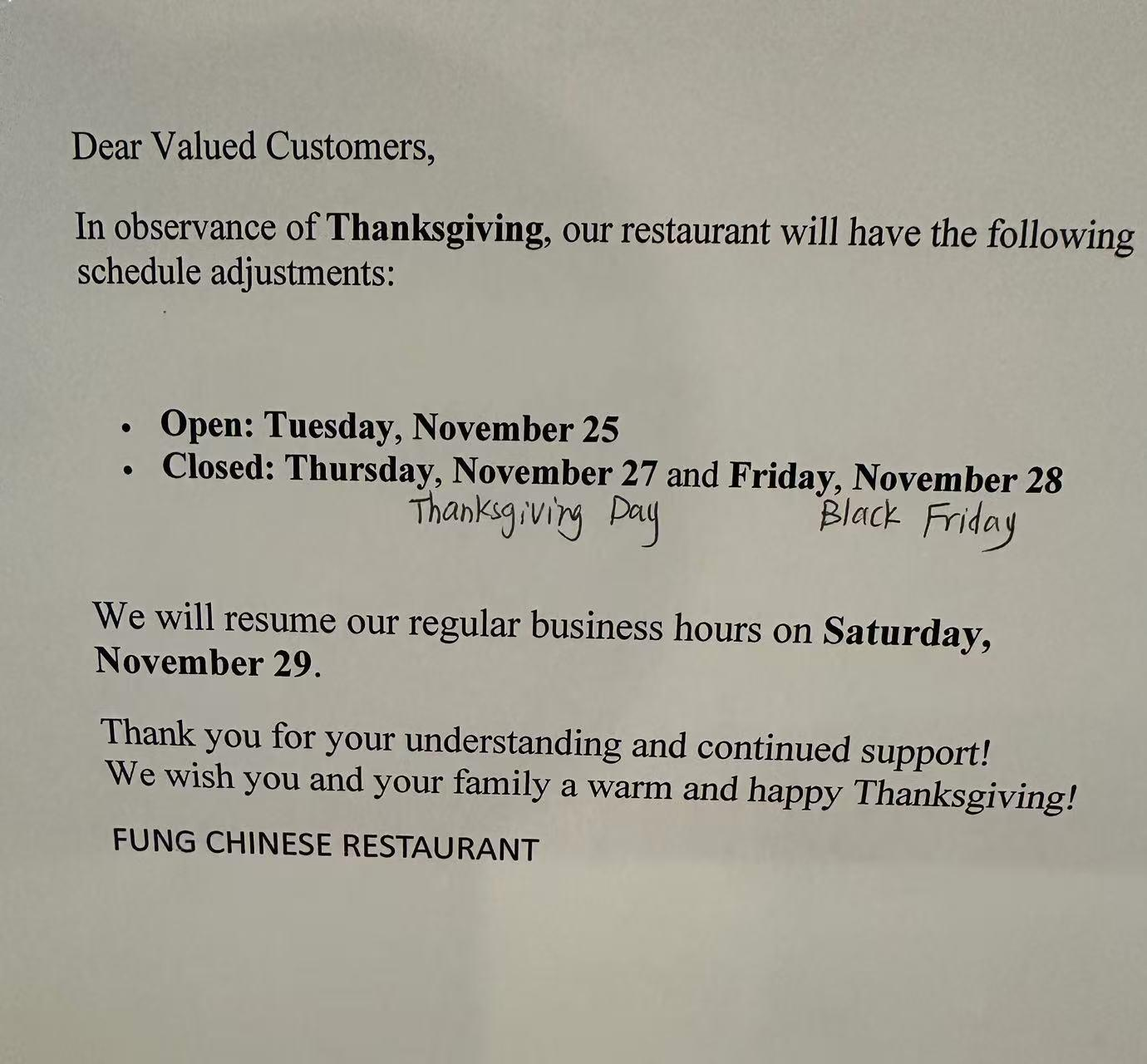 Thanksgiving schedule: open Nov 25, closed Nov 27–28, resume Nov 29.