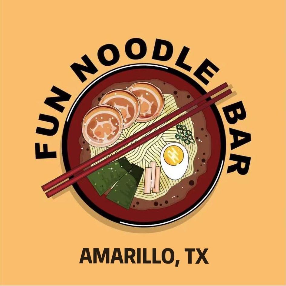 Fun Noodle Bar logo with orange background, featuring ramen, chopsticks, and ‘AMARILLO, TX’ text