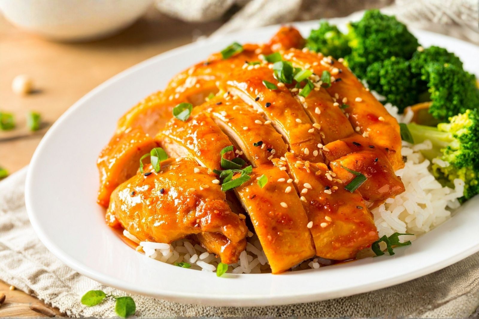 Teriyaki chicken breast served with steamed rice and broccoli at Fusan Dumpling House & Sushi, an Asian Fusion Restaurant in New York