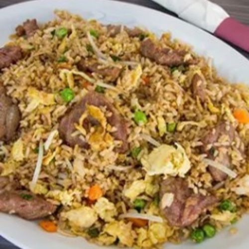 Beef fried rice with peas, egg and carrots at Fusion Express chinatown, Chinese Restaurant in East Hampton