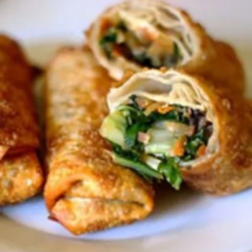 Crispy fried vegetable egg rolls cut open at Fusion Express chinatown, Chinese Restaurant in East Hampton