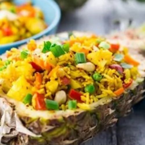 Pineapple fried rice served in hollowed pineapple shell at Fusion Express chinatown, Chinese Restaurant in East Hampton