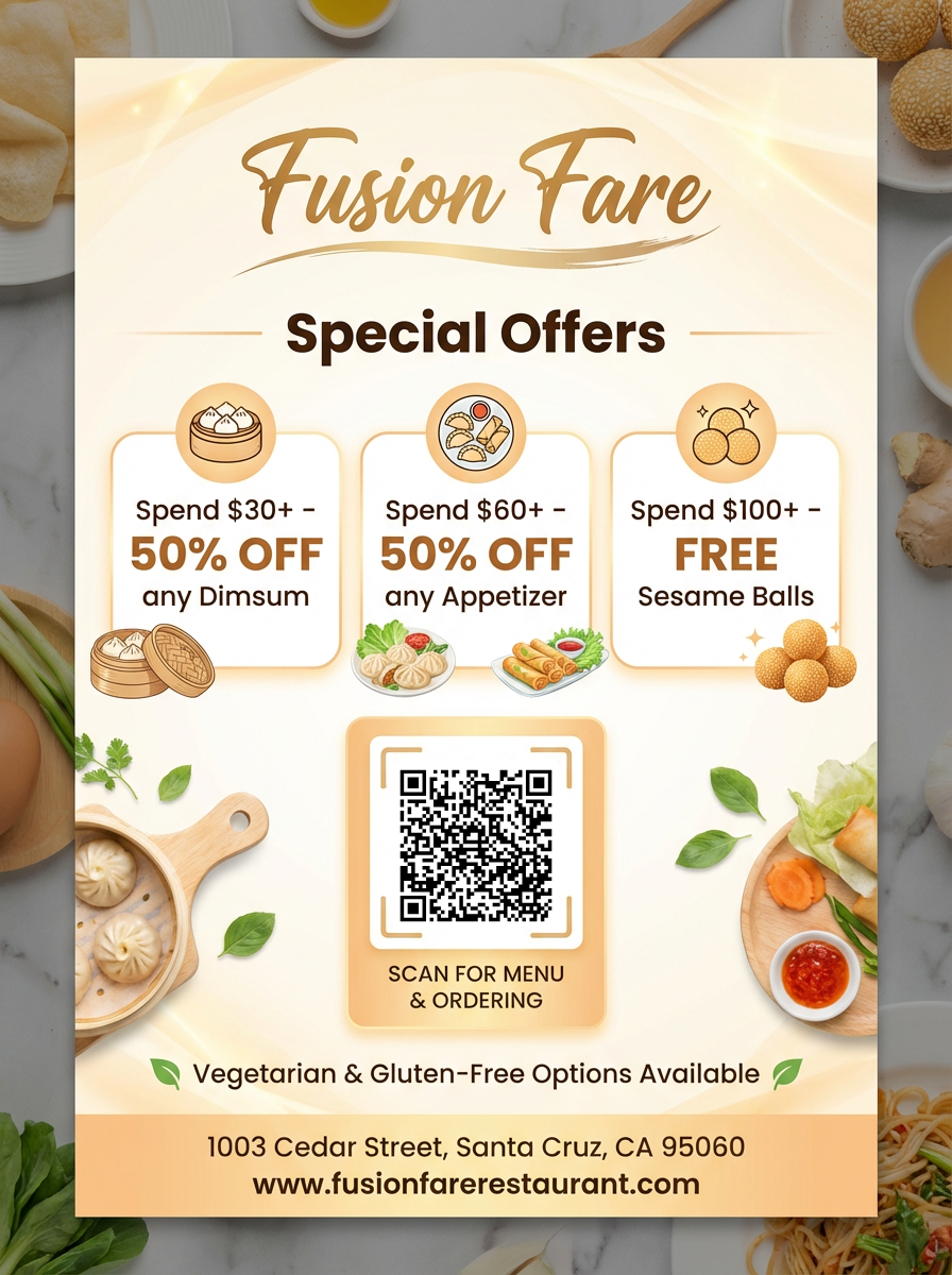 Fusion Fare restaurant promotional flyer showing dim sum, appetizers, and sesame ball offers with QR code for menu.