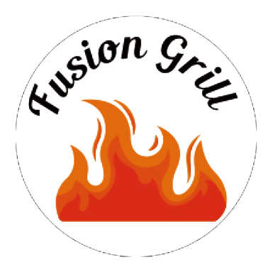 Fusion Grill" restaurant logo with a flame pattern