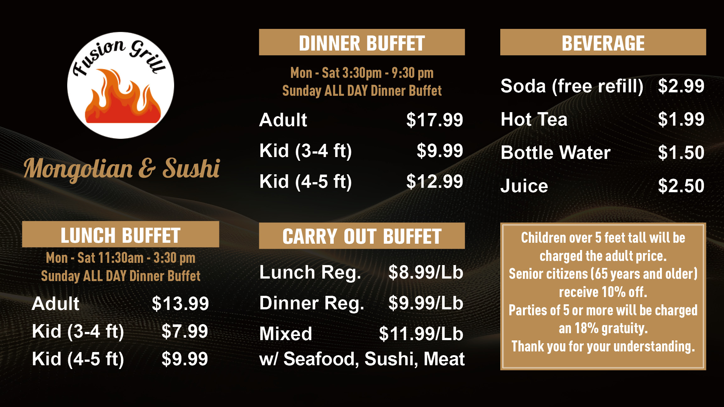 Mongolian & Sushi-Asian-Fusion-Restaurant-Buffet-Price-List-Carteret Buffet Price List