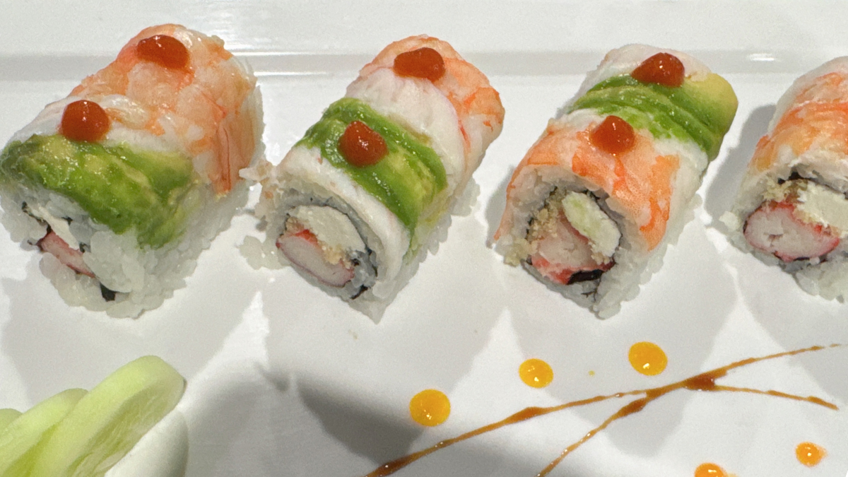Mongolian & Sushi-Asian-Fusion-Restaurant-Exquisite-sushi-rolls-Carteret Exquisite sushi rolls with avocado, fresh shrimp, etc., decorated with fish roe at Mongolian & Sushi,a Asian Fusion Restaurant in Carteret