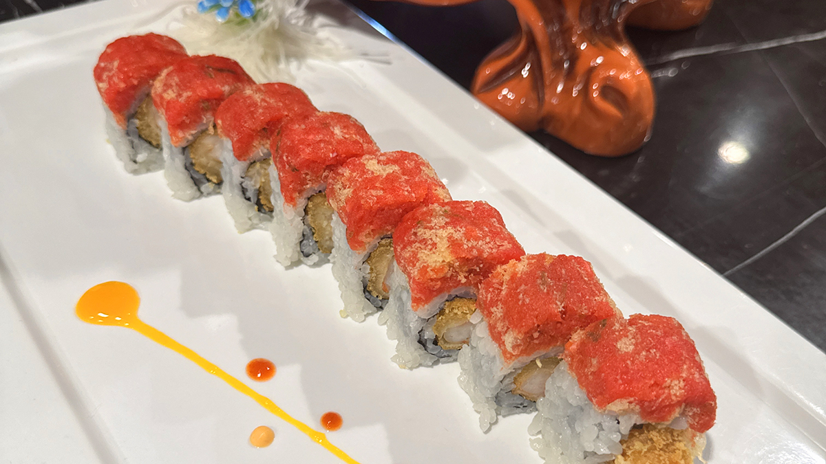 Mongolian & Sushi-Asian-Fusion-Restaurant-Crab-sushi-Carteret Crab sushi rolls with red fish roe on top, neatly arranged at Mongolian & Sushi,a Asian Fusion Restaurant in Carteret