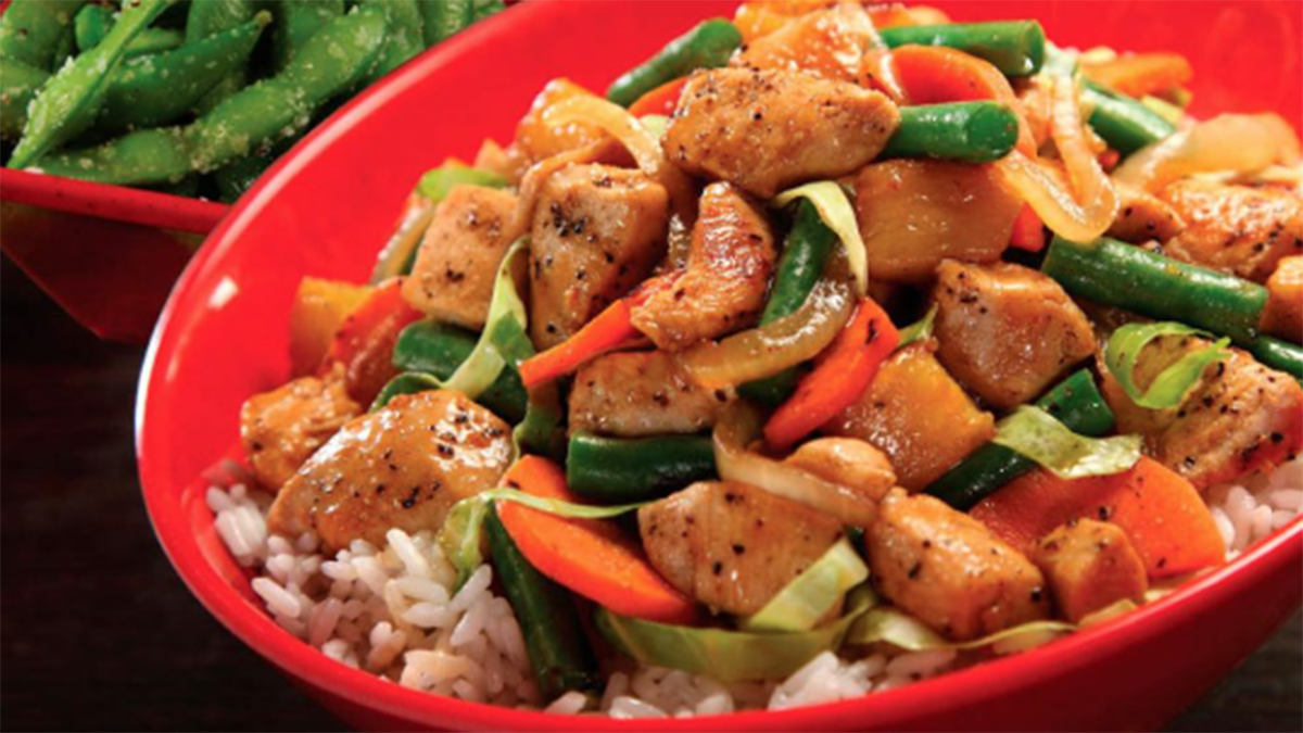 Mongolian & Sushi-Asian-Fusion-Restaurant-Chicken-and-vegetable-rice-bowl-Carteret Chicken and vegetable rice bowl with chicken, green beans, carrots, etc. on rice at Mongolian & Sushi,a Asian Fusion Restaurant in Carteret